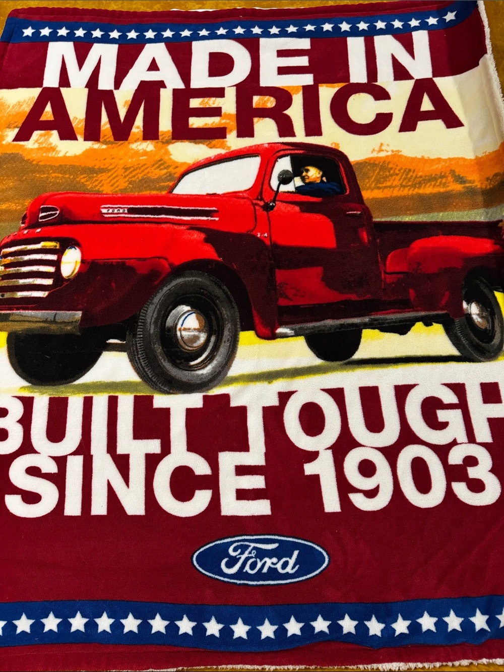 Ford Made in America Vintage Truck Plush Sherpa Throw Blanket 62” x 50”